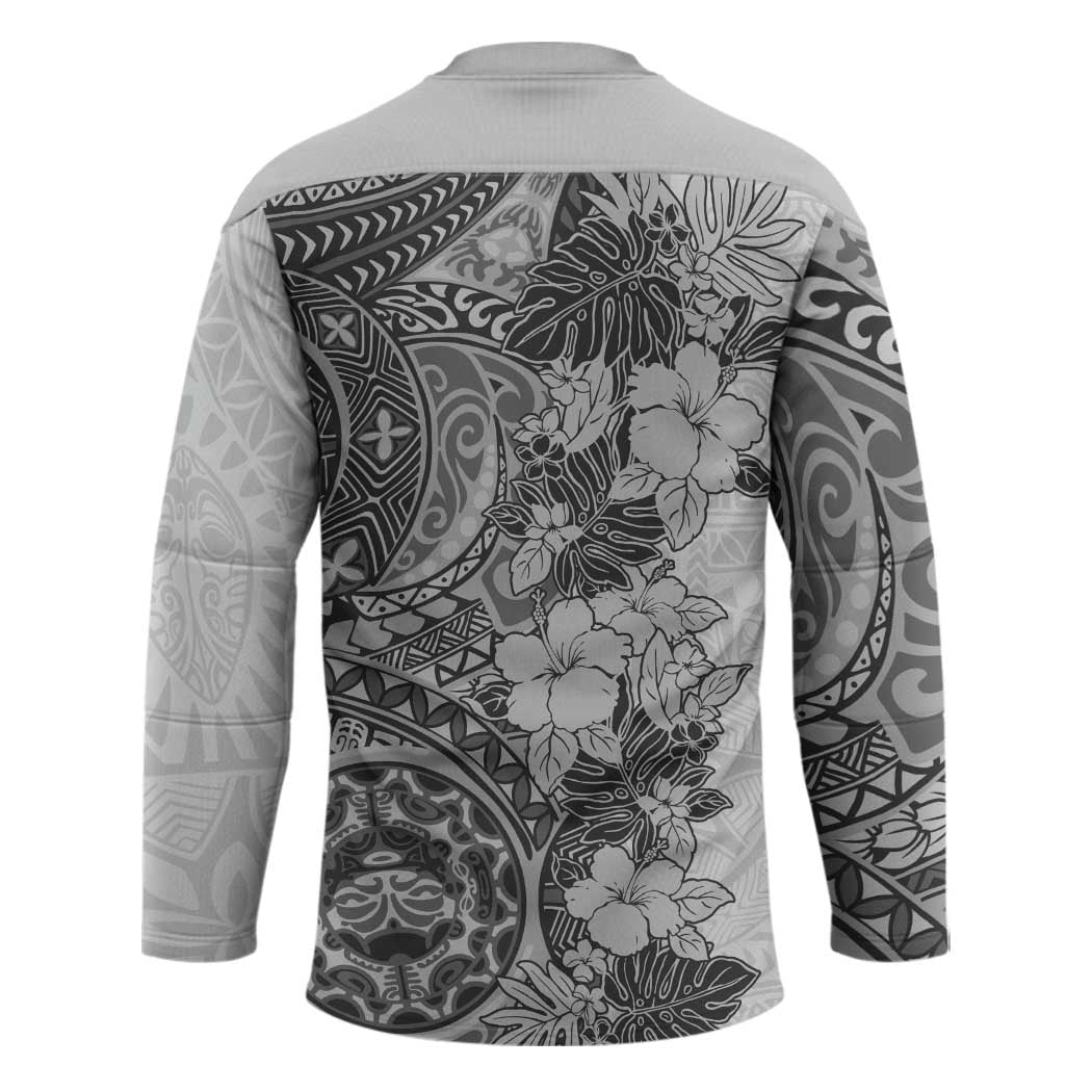 Polynesia Hockey Jersey Hibiscus Hawaiian Tribal Tattoo Retro Gray - Polynesian Pride
