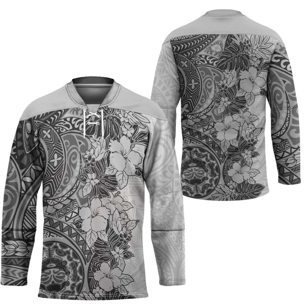 Polynesia Hockey Jersey Hibiscus Hawaiian Tribal Tattoo Retro Gray - Polynesian Pride