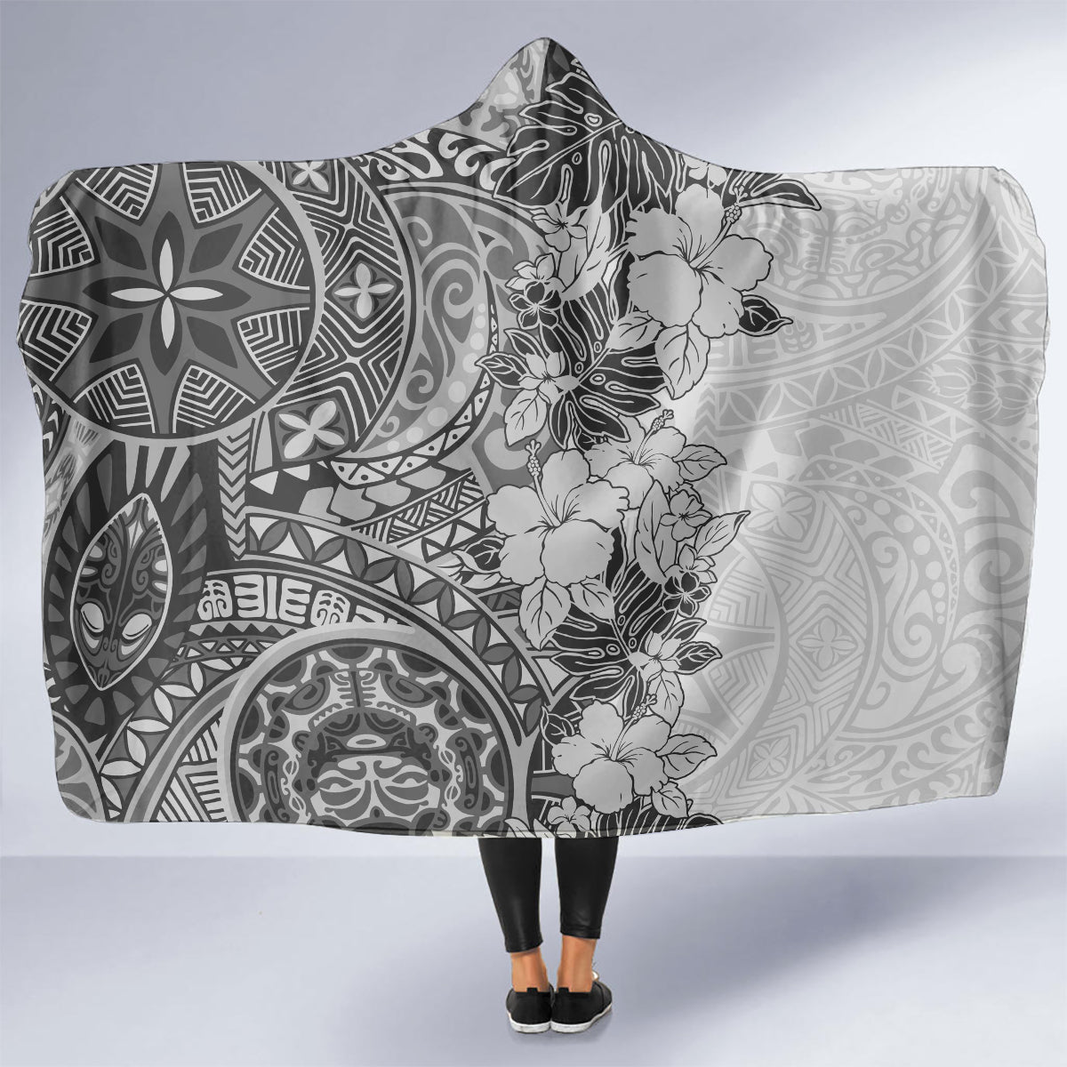 Polynesia Hooded Blanket Hibiscus and Hawaiian Tribal Tattoo Retro Style Gray Color LT9 - Polynesian Pride