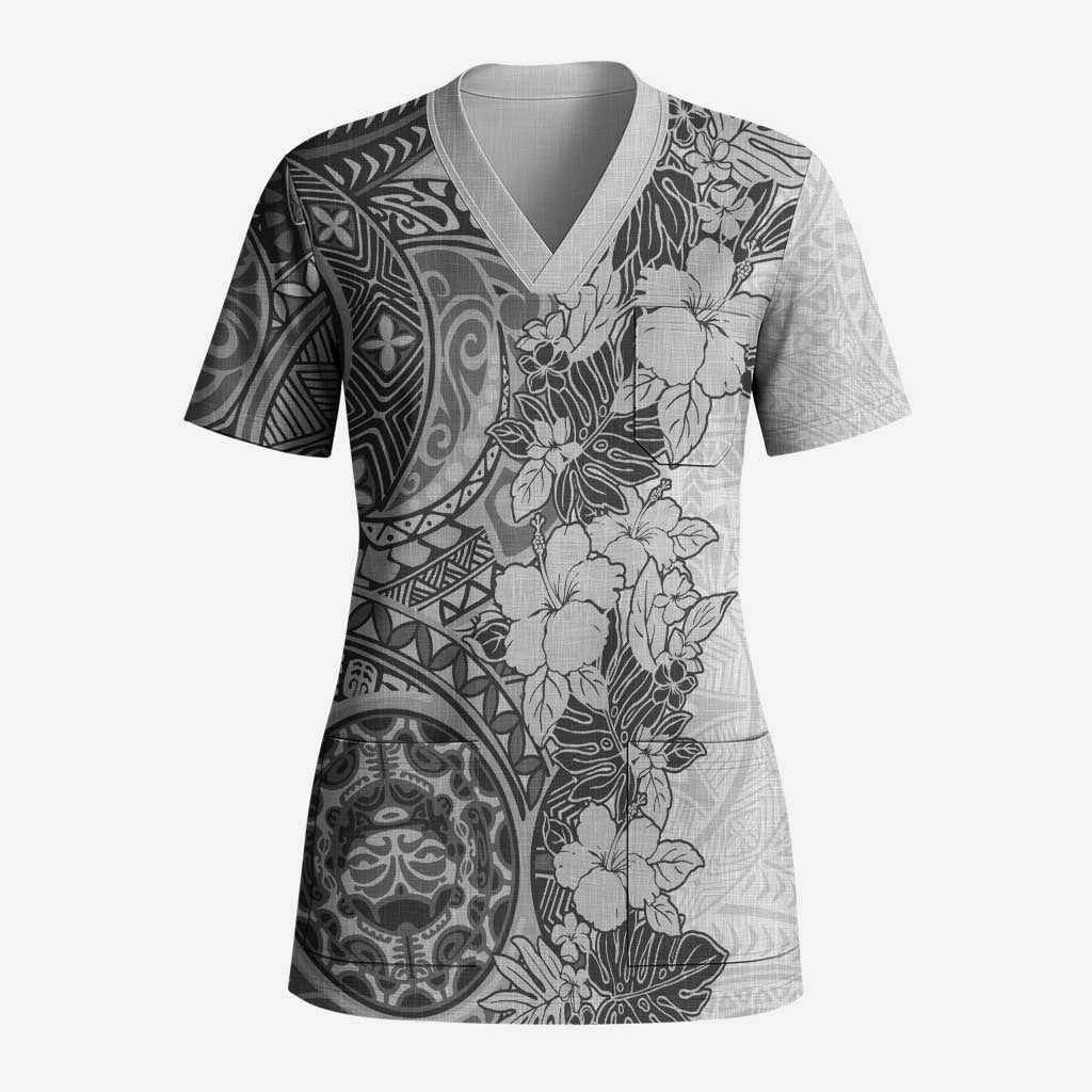 Polynesia Scrub Top Hibiscus Hawaiian Tribal Tattoo Retro Gray - Polynesian Pride