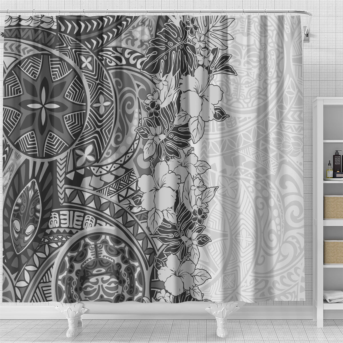 Polynesia Shower Curtain Hibiscus and Hawaiian Tribal Tattoo Retro Style Gray Color LT9 - Polynesian Pride