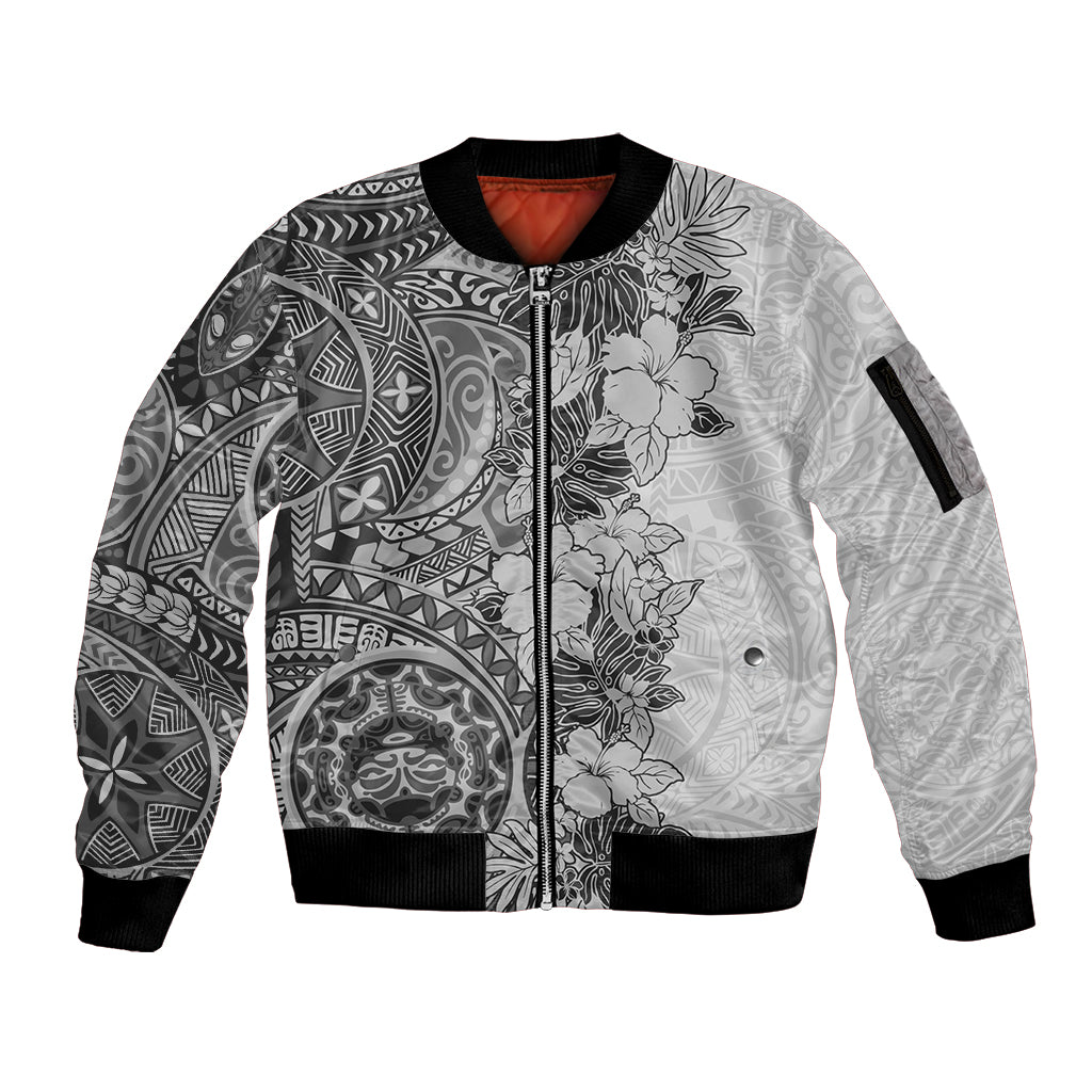 Polynesia Sleeve Zip Bomber Jacket Hibiscus and Hawaiian Tribal Tattoo Retro Style Gray Color LT9 Unisex Gray - Polynesian Pride