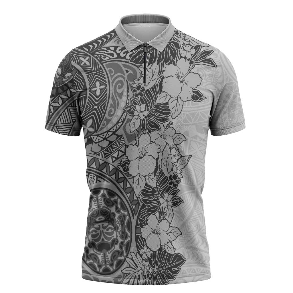 Polynesia Zipper Polo Shirt Hibiscus Hawaiian Tribal Tattoo Retro Gray - Polynesian Pride