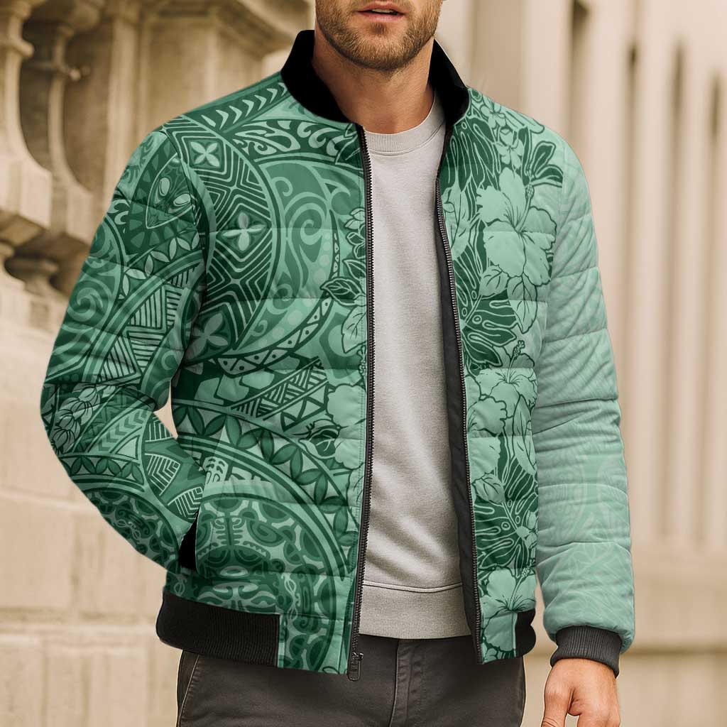 Polynesia Bomber Puffer Jacket Hibiscus Hawaiian Tribal Tattoo Retro Green LT9 - Polynesian Pride