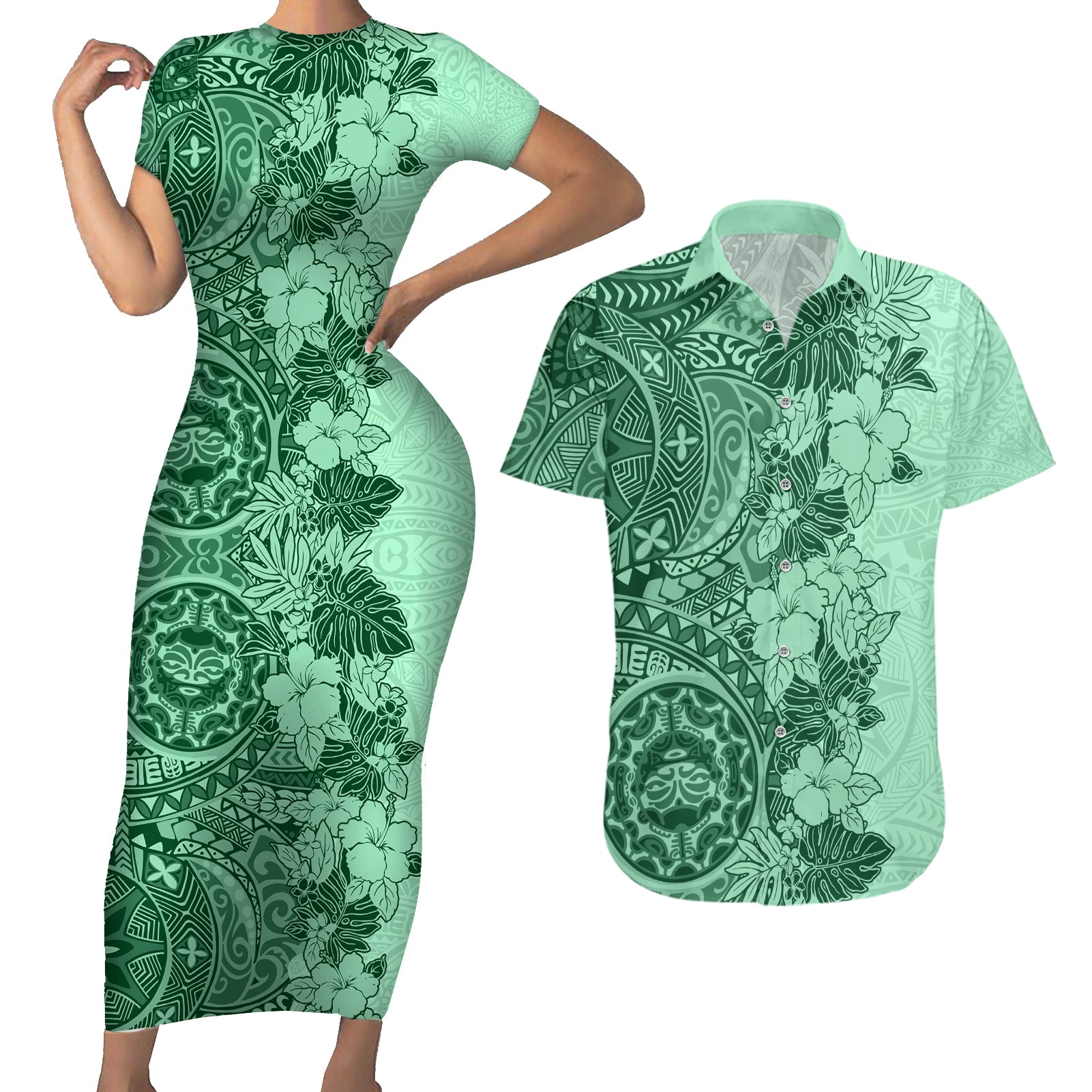 Polynesia Couples Matching Short Sleeve Bodycon Dress and Hawaiian Shirt Hibiscus and Hawaiian Tribal Tattoo Retro Style Green Color LT9 Green - Polynesian Pride