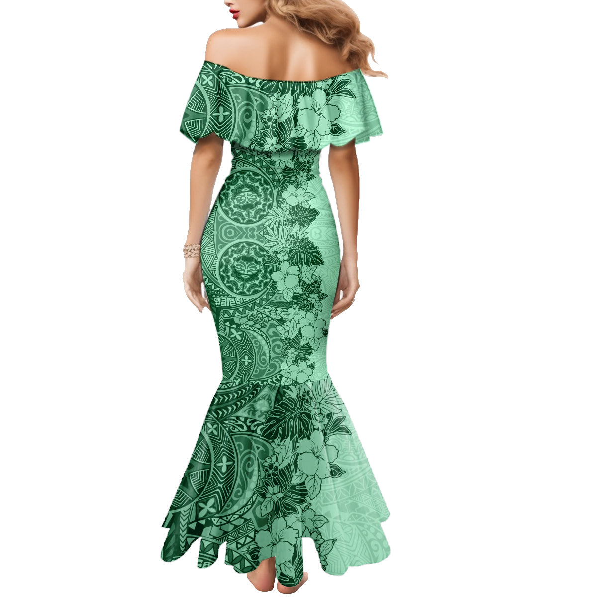 Polynesia Family Matching Mermaid Dress and Hawaiian Shirt Hibiscus and Hawaiian Tribal Tattoo Retro Style Green Color LT9 - Polynesian Pride
