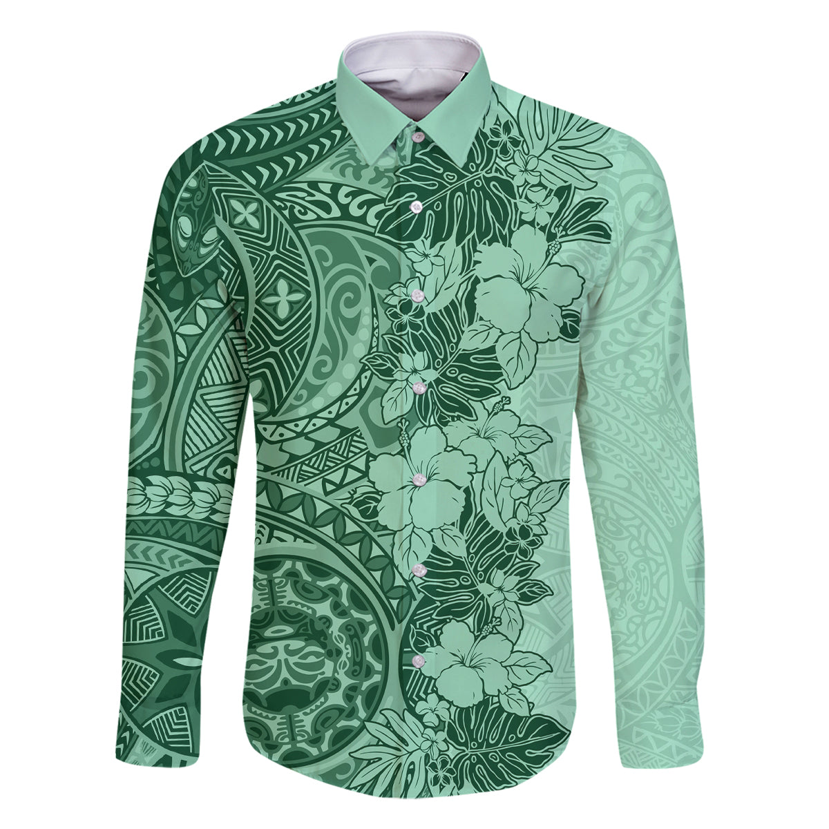 Polynesia Family Matching Off Shoulder Maxi Dress and Hawaiian Shirt Hibiscus and Hawaiian Tribal Tattoo Retro Style Green Color LT9 Dad's Shirt - Long Sleeve Green - Polynesian Pride