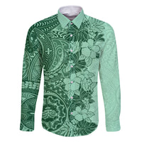 Polynesia Family Matching Off Shoulder Maxi Dress and Hawaiian Shirt Hibiscus and Hawaiian Tribal Tattoo Retro Style Green Color LT9 Dad's Shirt - Long Sleeve Green - Polynesian Pride