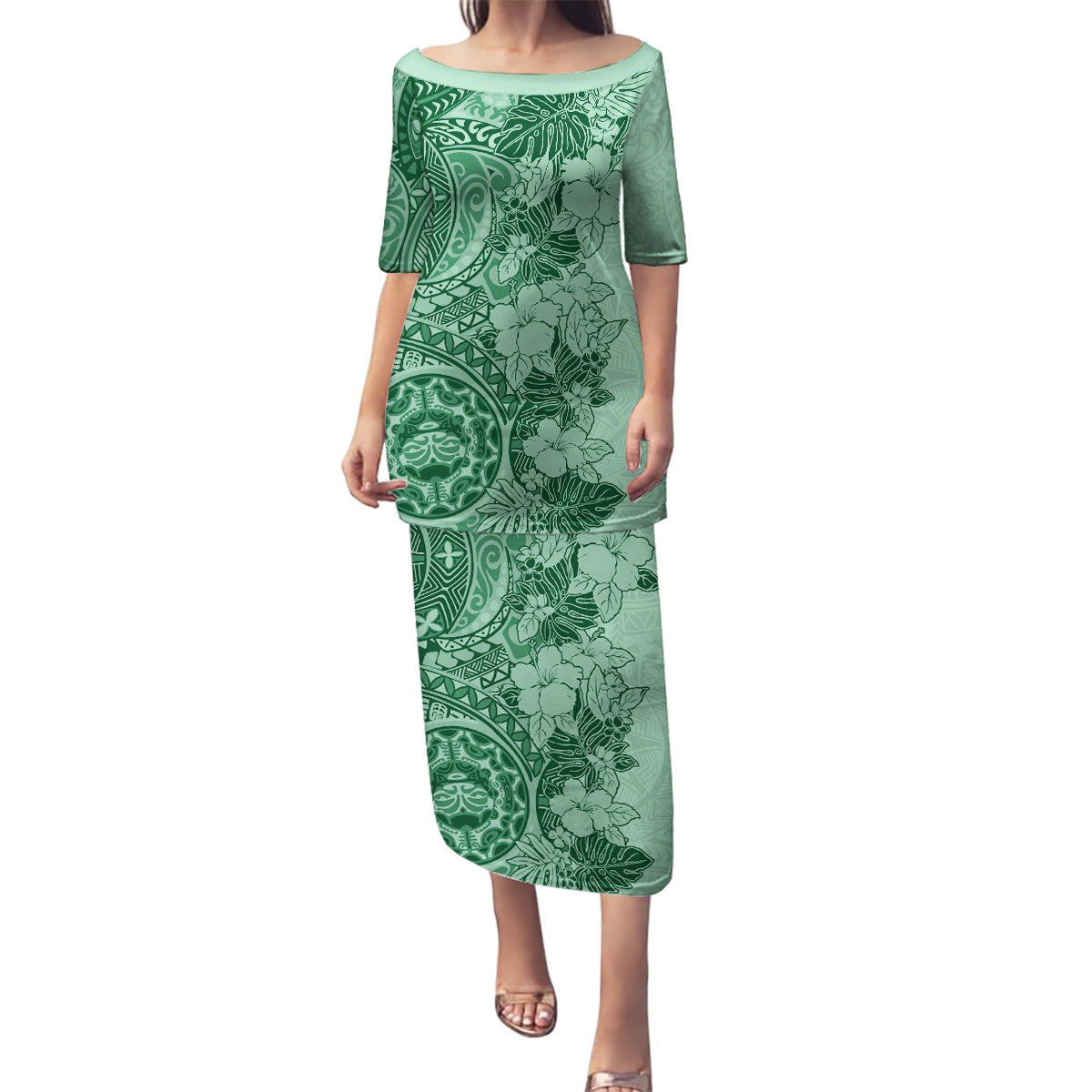 Polynesia Family Matching Puletasi Dress and Hawaiian Shirt Hibiscus and Hawaiian Tribal Tattoo Retro Style Green Color LT9 Mom's Dress Green - Polynesian Pride