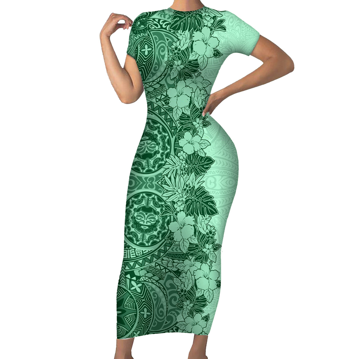 Polynesia Family Matching Short Sleeve Bodycon Dress and Hawaiian Shirt Hibiscus and Hawaiian Tribal Tattoo Retro Style Green Color LT9 Mom's Dress Green - Polynesian Pride