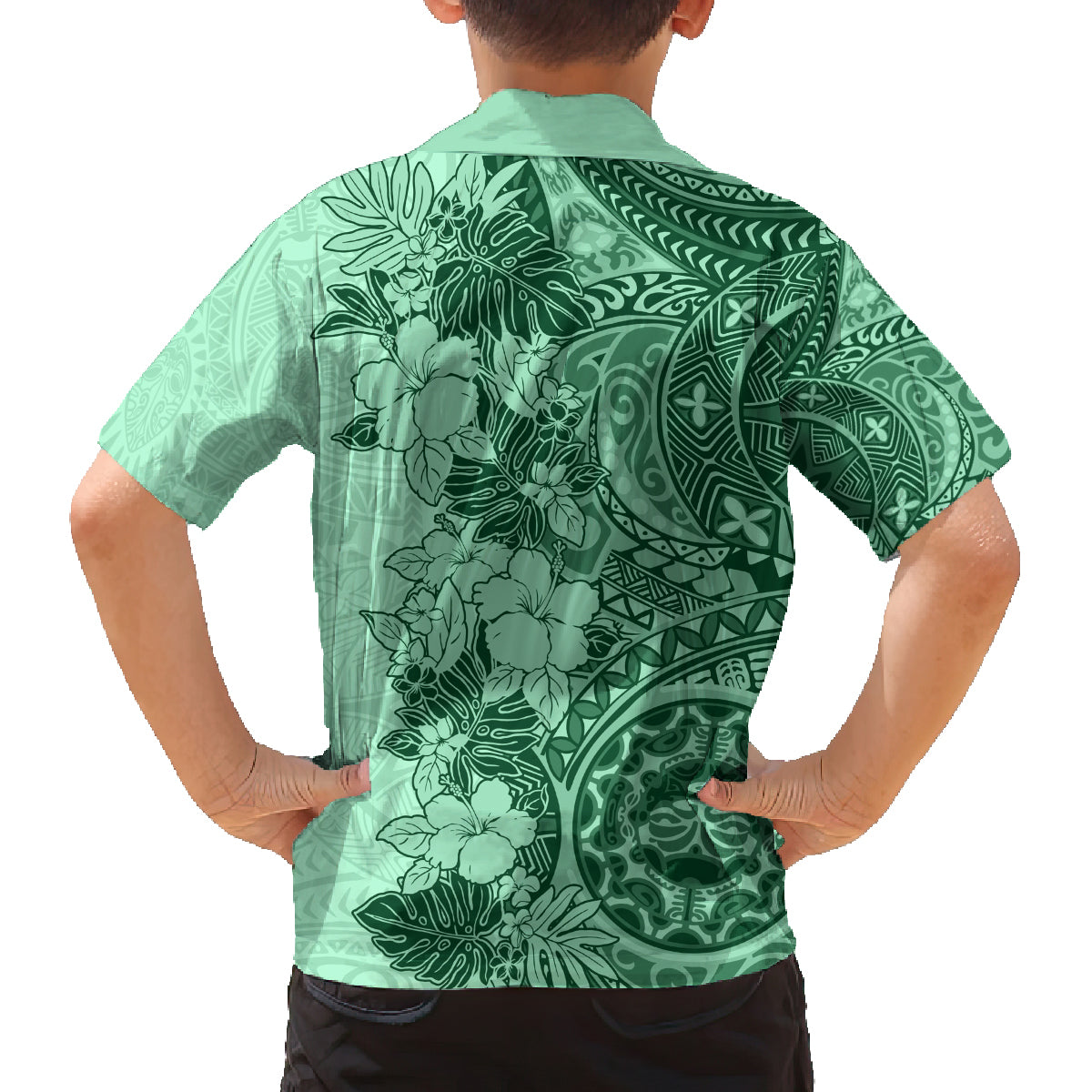 Polynesia Family Matching Tank Maxi Dress and Hawaiian Shirt Hibiscus and Hawaiian Tribal Tattoo Retro Style Green Color LT9 - Polynesian Pride