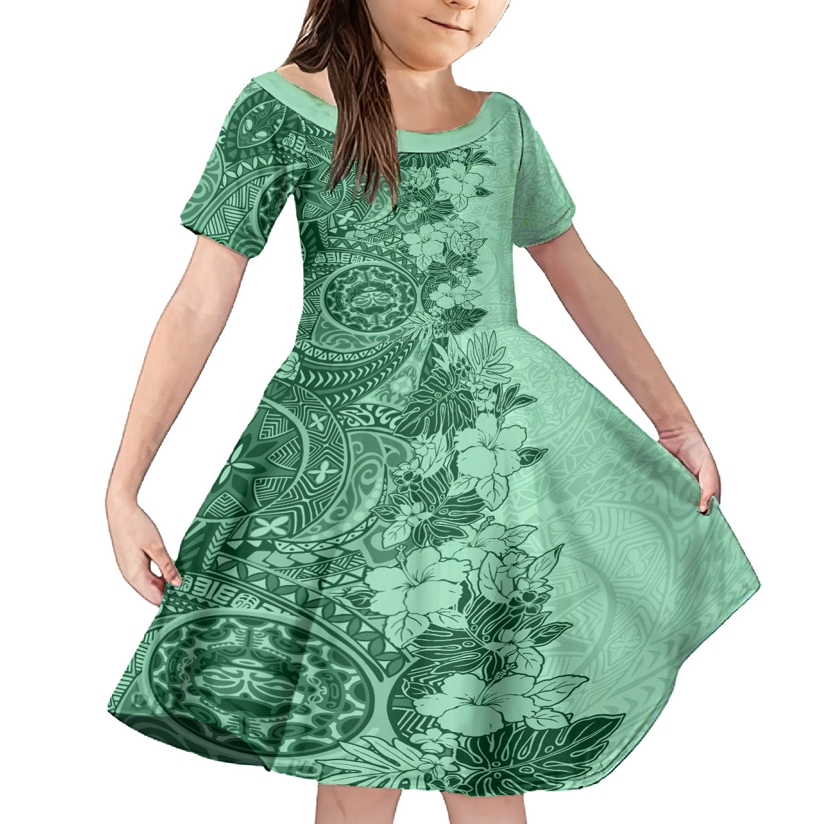 Polynesia Family Matching Tank Maxi Dress and Hawaiian Shirt Hibiscus and Hawaiian Tribal Tattoo Retro Style Green Color LT9 Daughter's Dress Green - Polynesian Pride