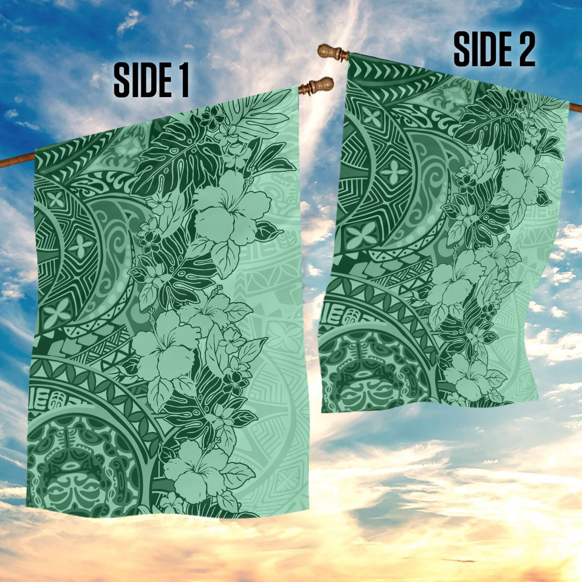 Polynesia Garden Flag Hibiscus and Hawaiian Tribal Tattoo Retro Style Green Color LT9 - Polynesian Pride