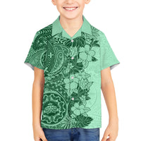 Polynesia Kid Hawaiian Shirt Hibiscus and Hawaiian Tribal Tattoo Retro Style Green Color LT9 Kid Green - Polynesian Pride