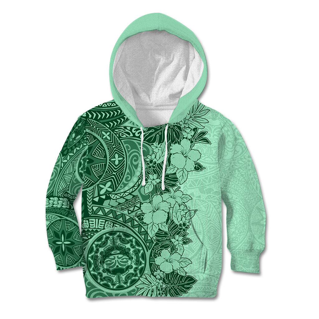 Polynesia Kid Hoodie Hibiscus and Hawaiian Tribal Tattoo Retro Style Green Color LT9 Hoodie Green - Polynesian Pride