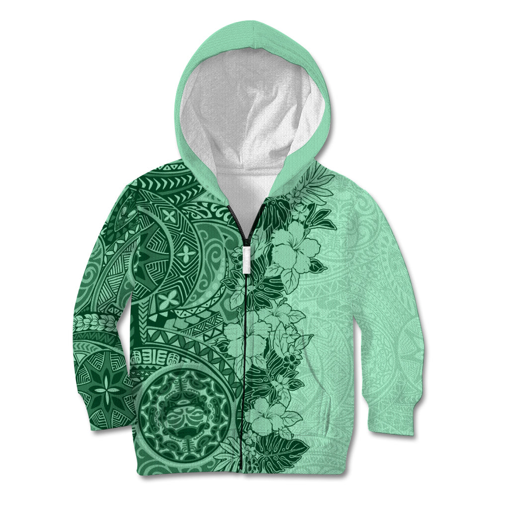 Polynesia Kid Hoodie Hibiscus and Hawaiian Tribal Tattoo Retro Style Green Color LT9 Zip Hoodie Green - Polynesian Pride