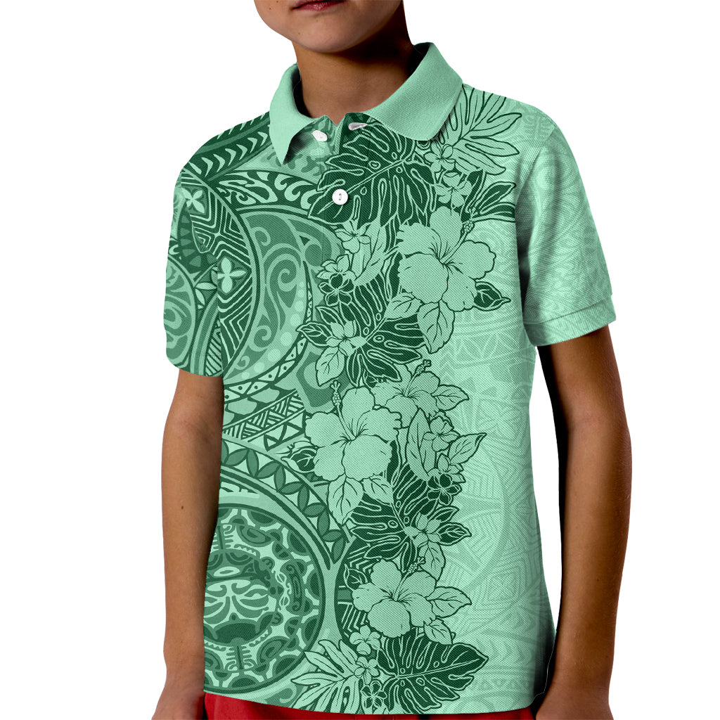 Polynesia Kid Polo Shirt Hibiscus and Hawaiian Tribal Tattoo Retro Style Green Color LT9 Kid Green - Polynesian Pride