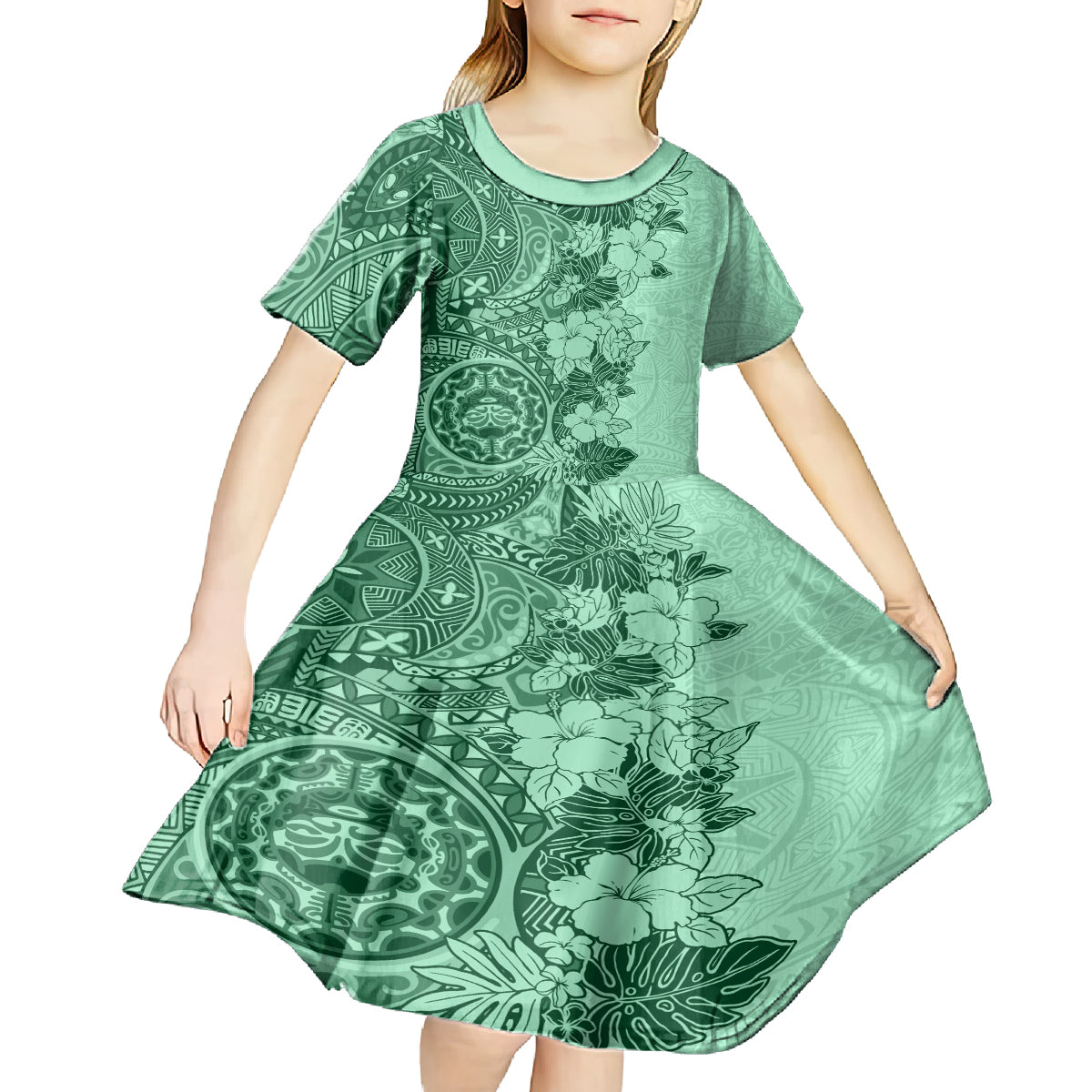 Polynesia Kid Short Sleeve Dress Hibiscus and Hawaiian Tribal Tattoo Retro Style Green Color LT9 - Polynesian Pride
