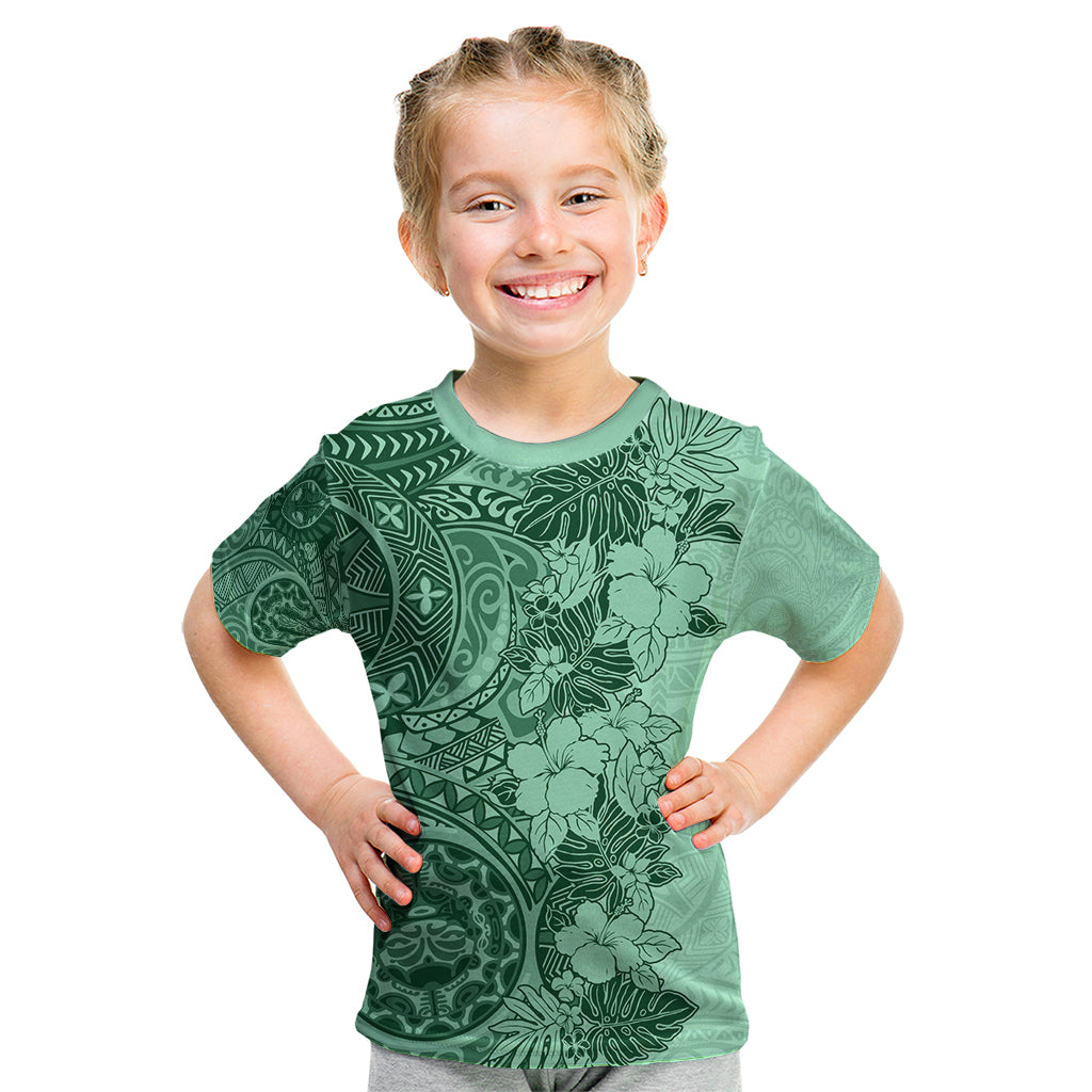 Polynesia Kid T Shirt Hibiscus and Hawaiian Tribal Tattoo Retro Style Green Color LT9 Green - Polynesian Pride
