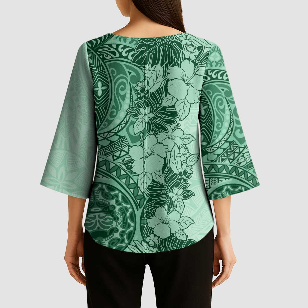 Polynesia Kimono Sleeve Blouse Hibiscus Hawaiian Tribal Tattoo Retro Green - Polynesian Pride