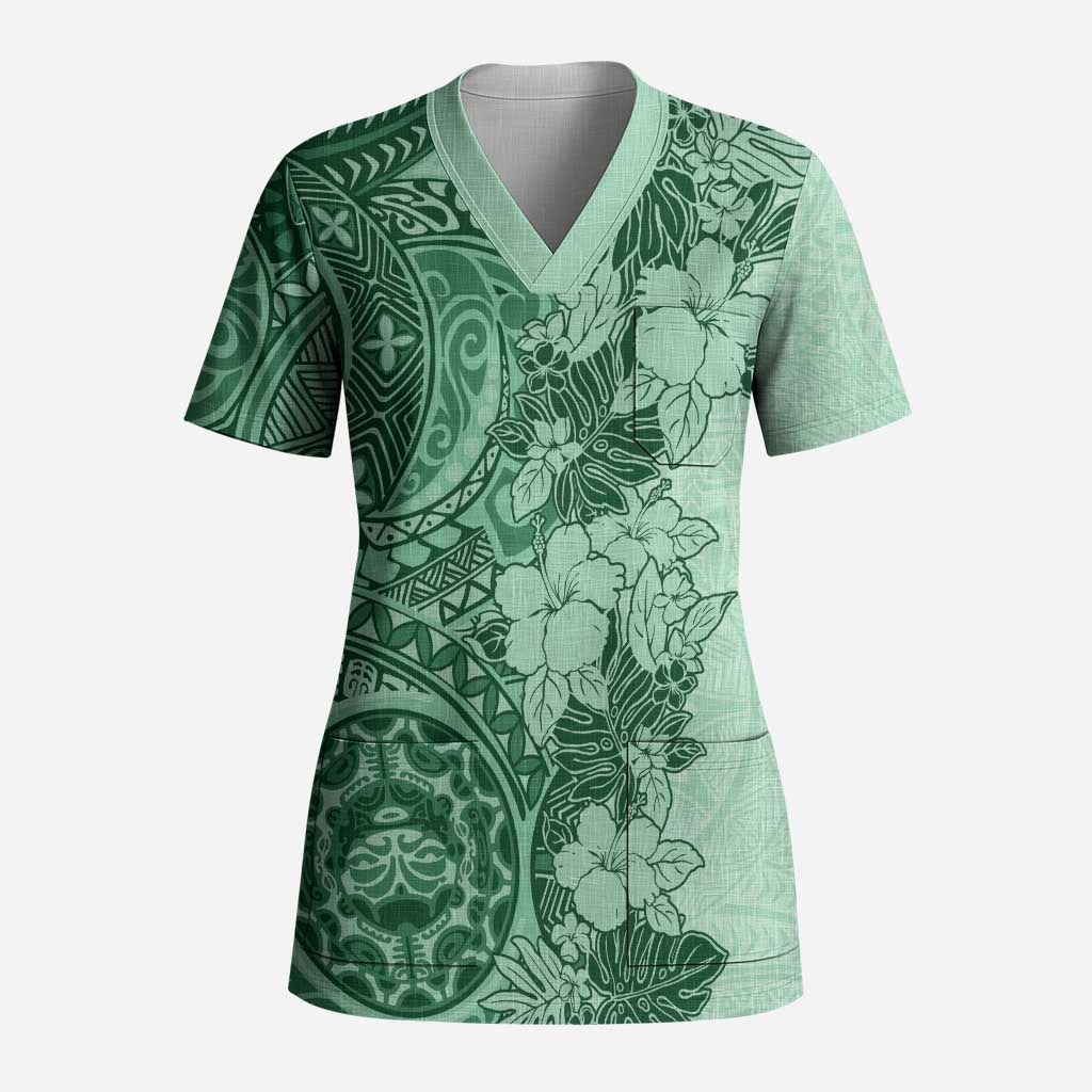 Polynesia Scrub Top Hibiscus Hawaiian Tribal Tattoo Retro Green - Polynesian Pride