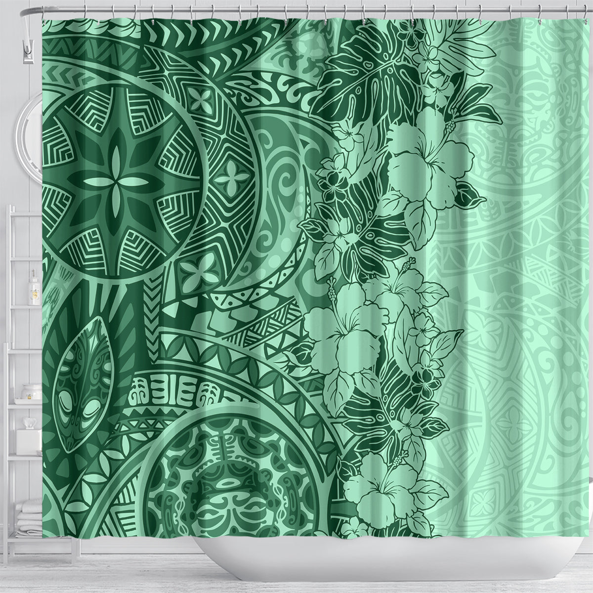 Polynesia Shower Curtain Hibiscus and Hawaiian Tribal Tattoo Retro Style Green Color LT9 - Polynesian Pride