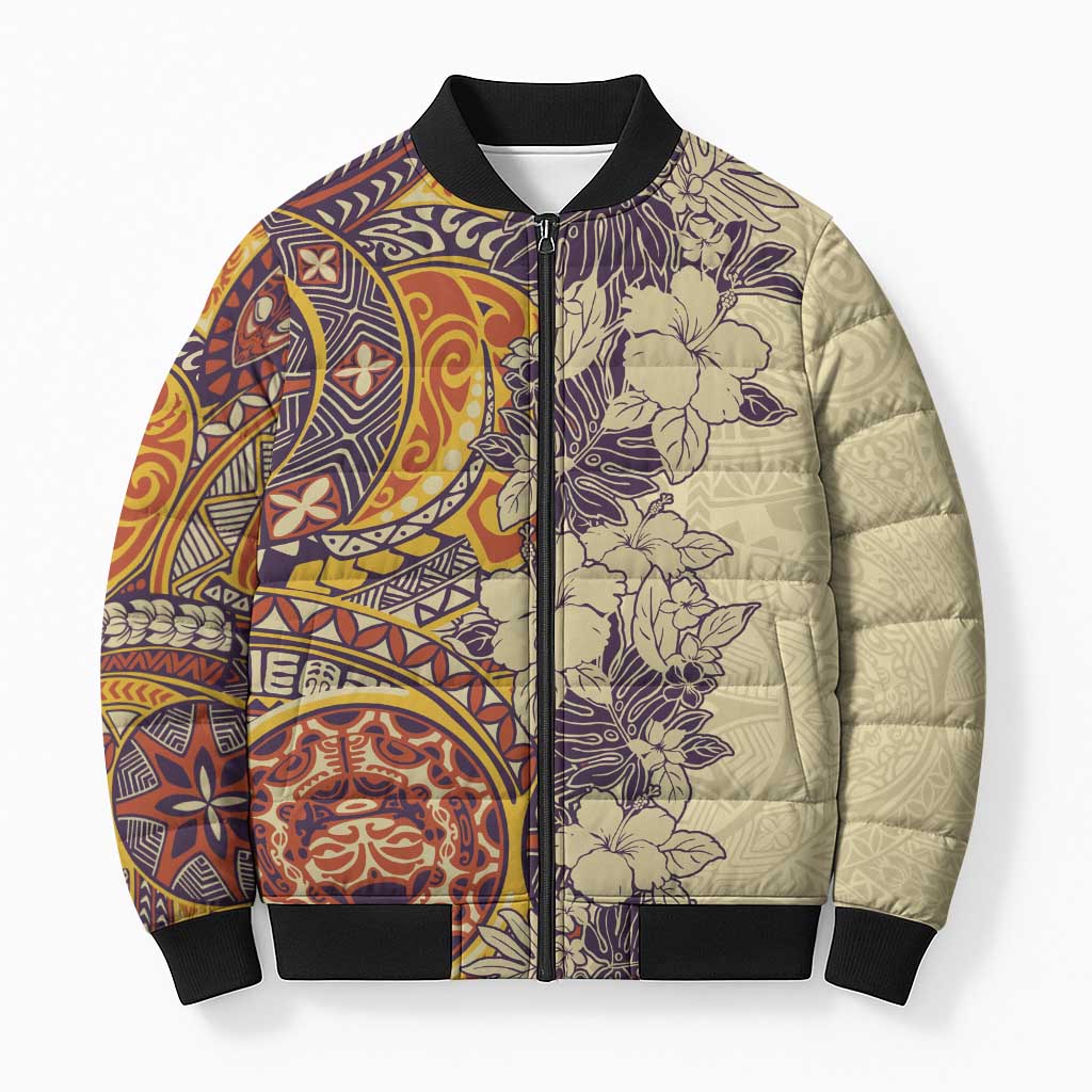 Polynesia Bomber Puffer Jacket Hibiscus Hawaiian Tribal Tattoo Retro Tan LT9 Unisex Tan - Polynesian Pride