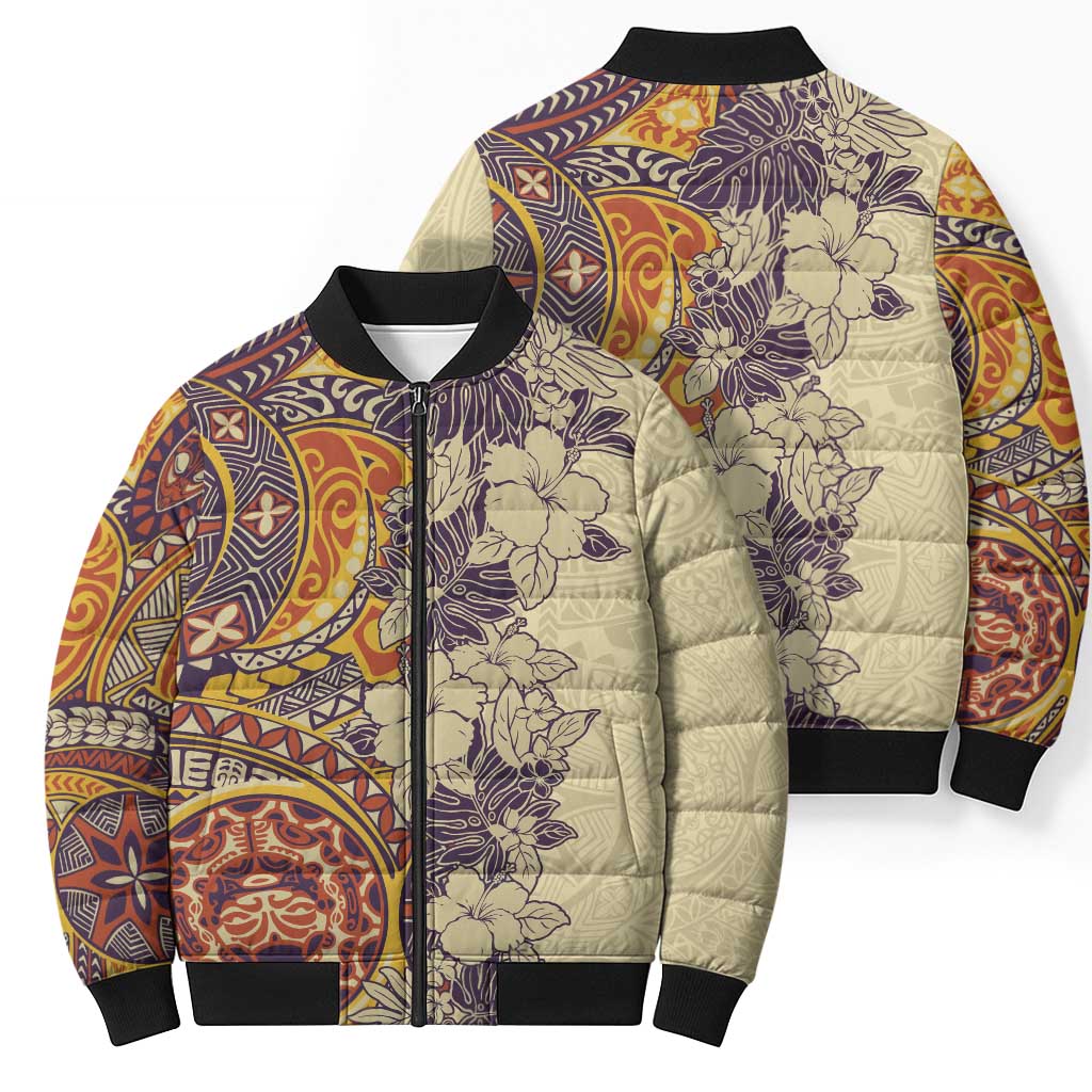 Polynesia Bomber Puffer Jacket Hibiscus Hawaiian Tribal Tattoo Retro Tan LT9 - Polynesian Pride