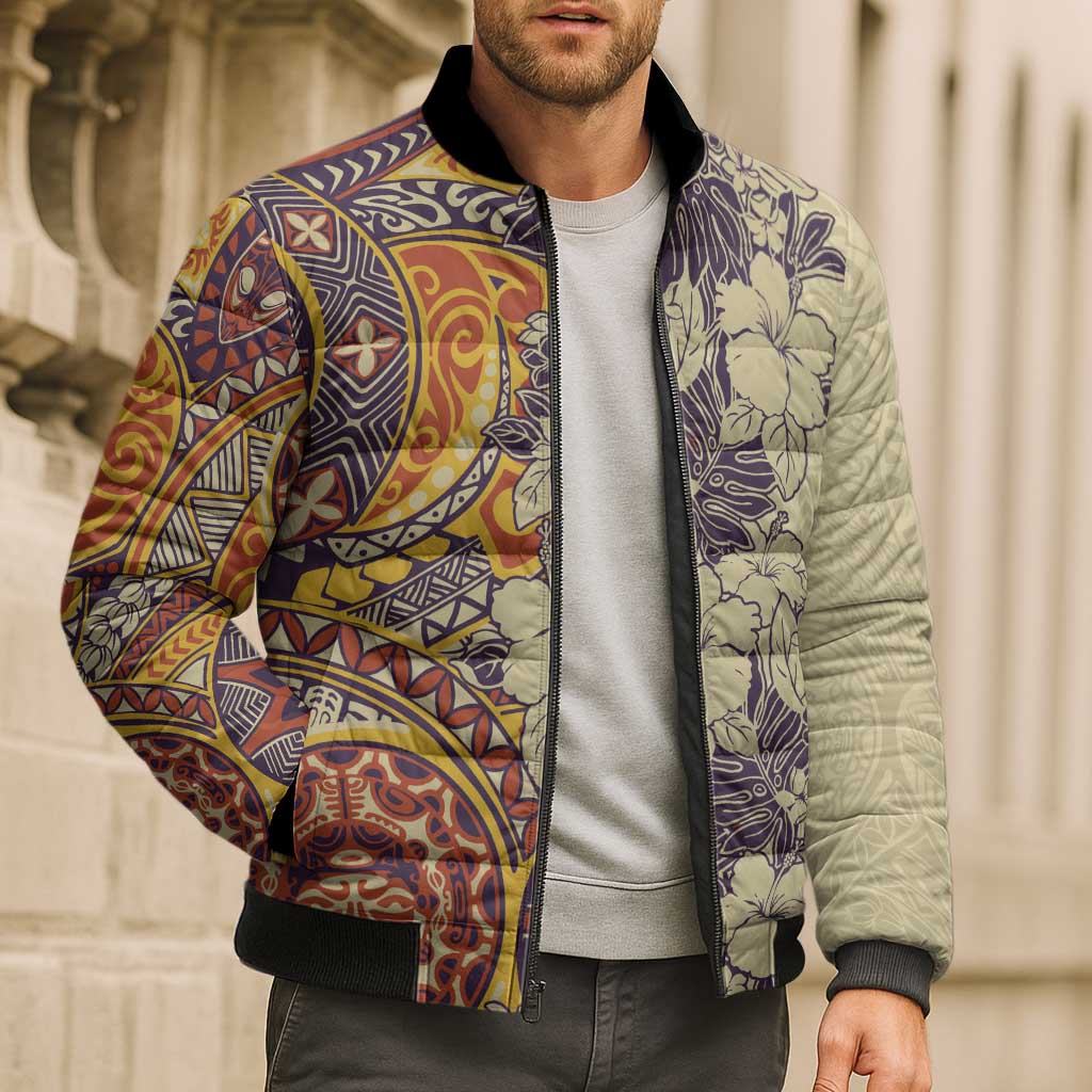 Polynesia Bomber Puffer Jacket Hibiscus Hawaiian Tribal Tattoo Retro Tan LT9 - Polynesian Pride