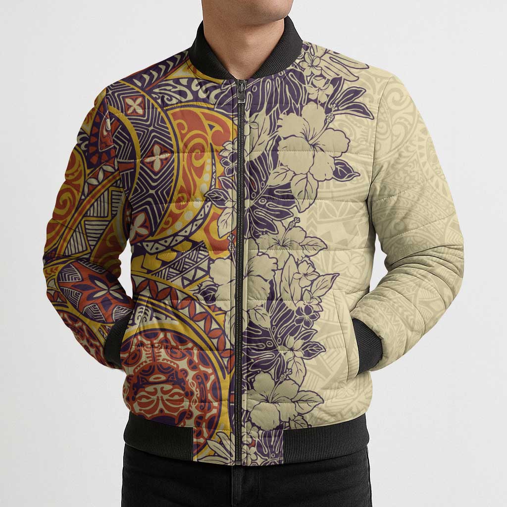 Polynesia Bomber Puffer Jacket Hibiscus Hawaiian Tribal Tattoo Retro Tan LT9 - Polynesian Pride