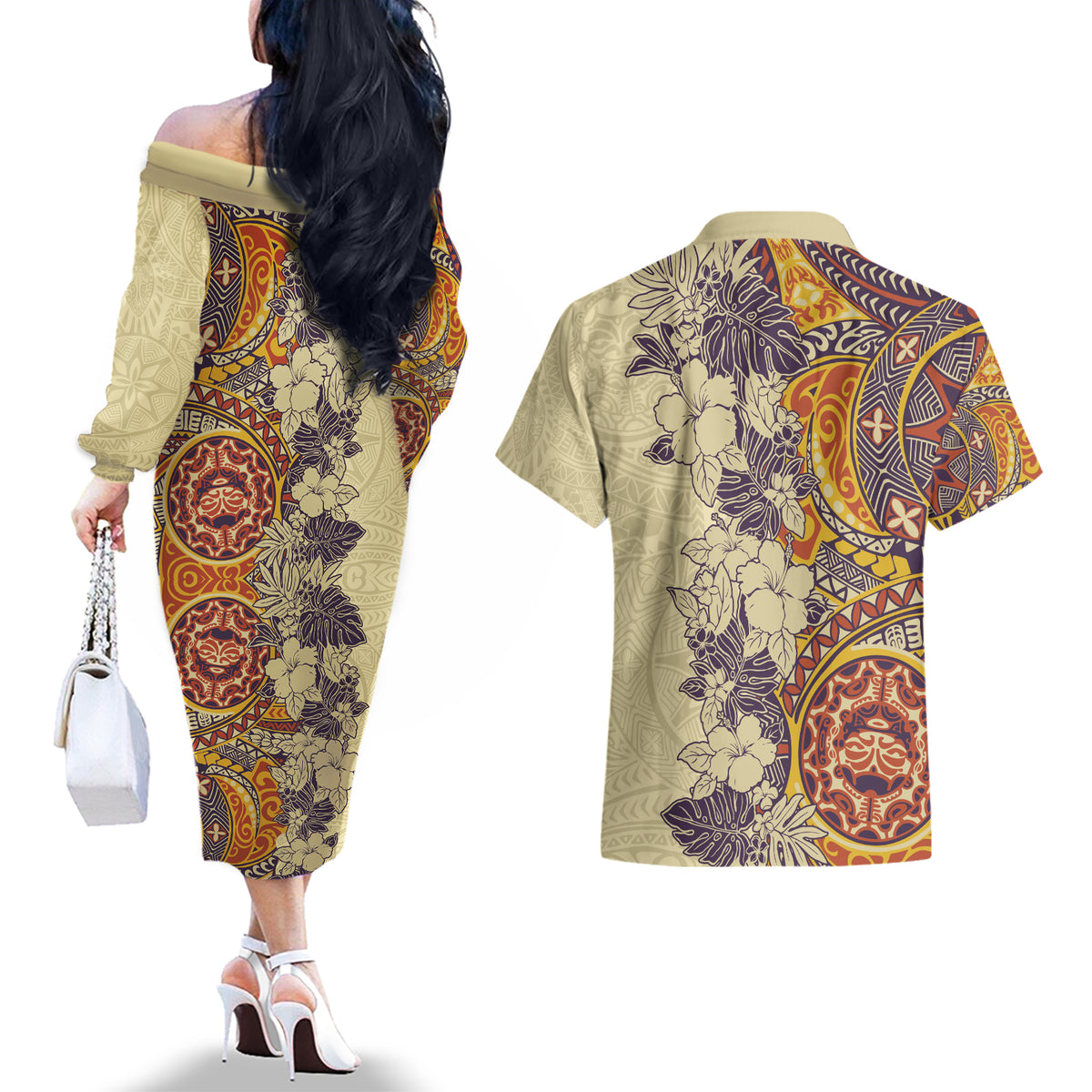 Polynesia Couples Matching Off The Shoulder Long Sleeve Dress and Hawaiian Shirt Hibiscus and Hawaiian Tribal Tattoo Retro Style Tan Color LT9 - Polynesian Pride