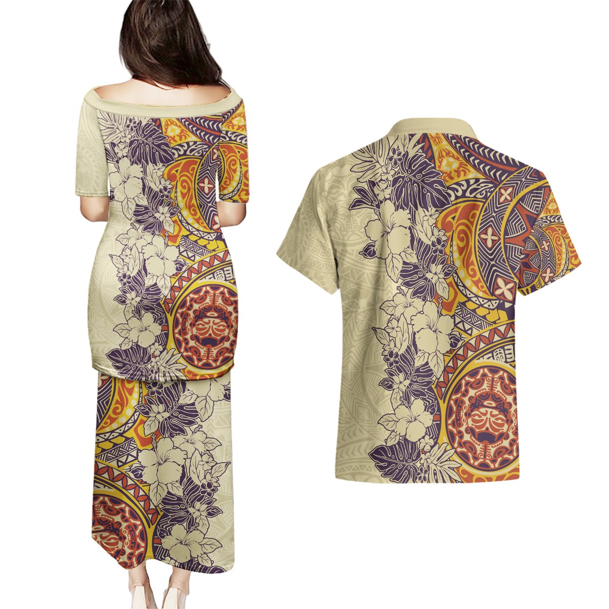Polynesia Couples Matching Puletasi Dress and Hawaiian Shirt Hibiscus and Hawaiian Tribal Tattoo Retro Style Tan Color LT9 - Polynesian Pride