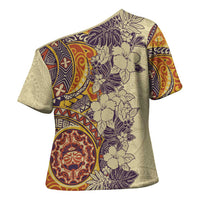 Polynesia Cross Shoulder Shirt Hibiscus Hawaiian Tribal Tattoo Retro Tan - Polynesian Pride