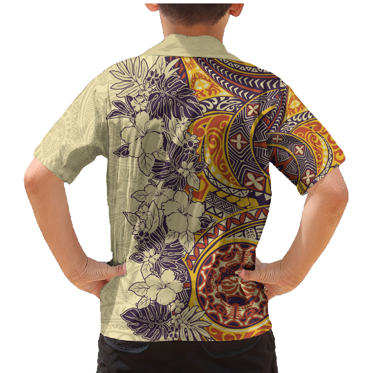 Polynesia Family Matching Mermaid Dress and Hawaiian Shirt Hibiscus and Hawaiian Tribal Tattoo Retro Style Tan Color LT9 - Polynesian Pride