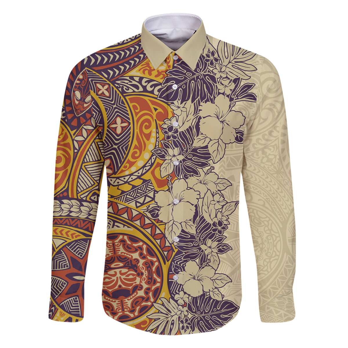 Polynesia Family Matching Tank Maxi Dress and Hawaiian Shirt Hibiscus and Hawaiian Tribal Tattoo Retro Style Tan Color LT9 Dad's Shirt - Long Sleeve Tan - Polynesian Pride