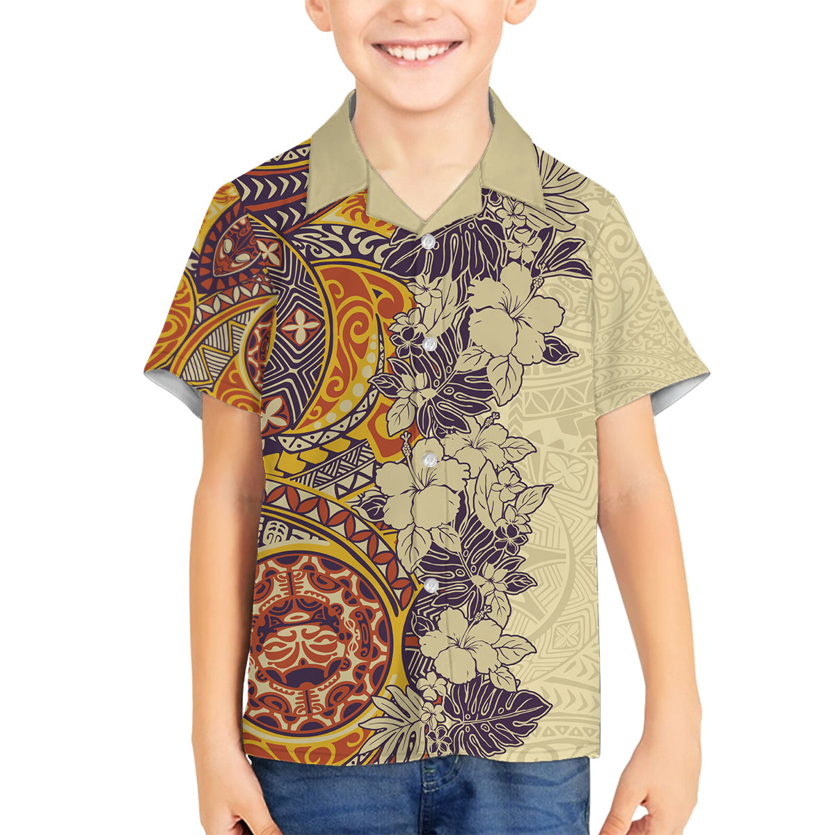Polynesia Family Matching Tank Maxi Dress and Hawaiian Shirt Hibiscus and Hawaiian Tribal Tattoo Retro Style Tan Color LT9 Son's Shirt Tan - Polynesian Pride
