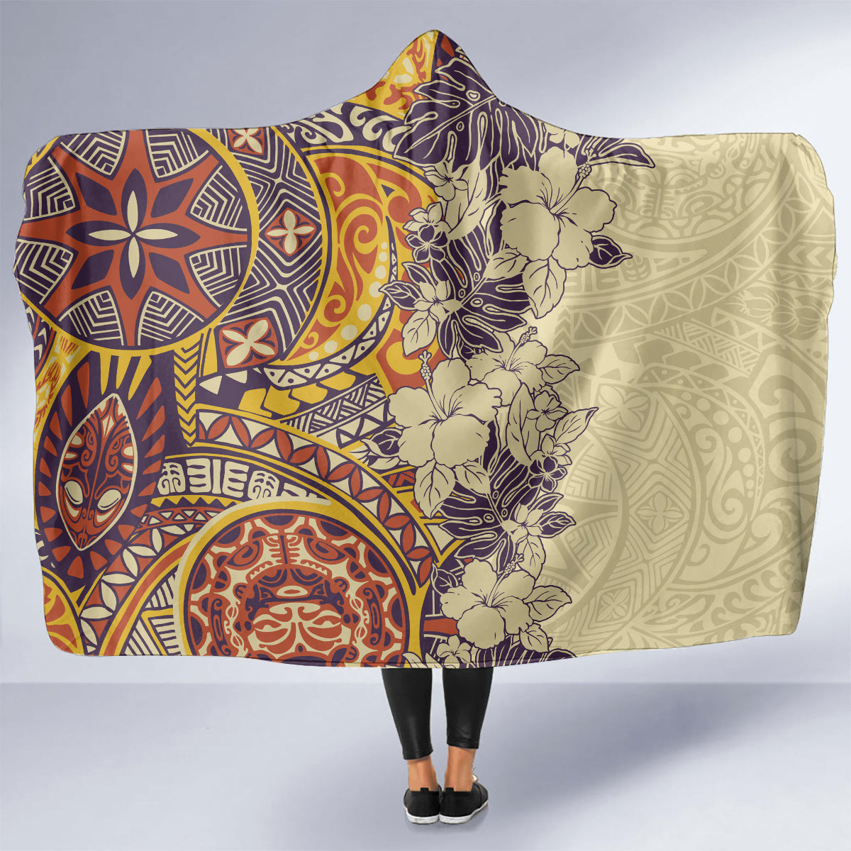 Polynesia Hooded Blanket Hibiscus and Hawaiian Tribal Tattoo Retro Style Tan Color LT9 - Polynesian Pride