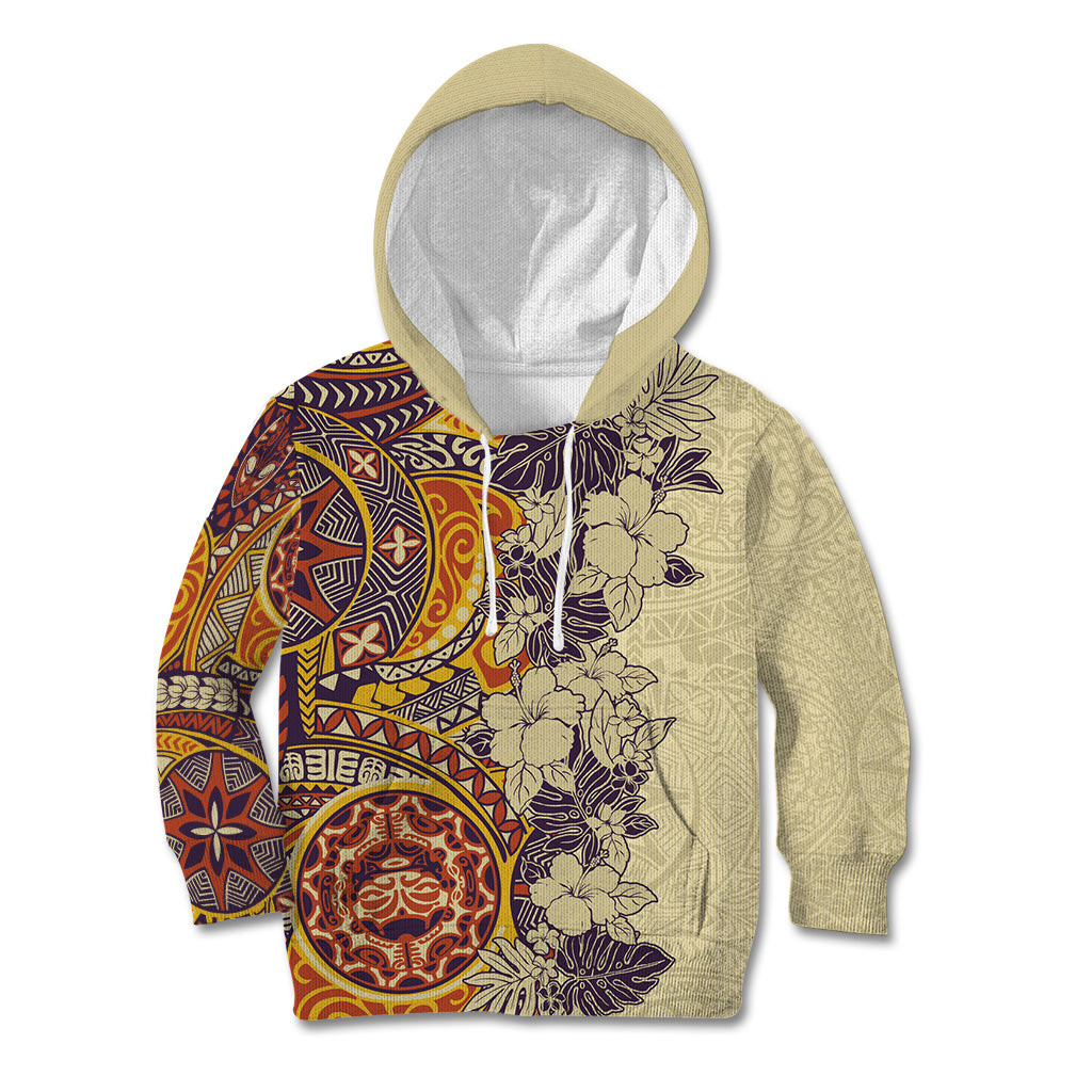 Polynesia Kid Hoodie Hibiscus and Hawaiian Tribal Tattoo Retro Style Tan Color LT9 Hoodie Tan - Polynesian Pride