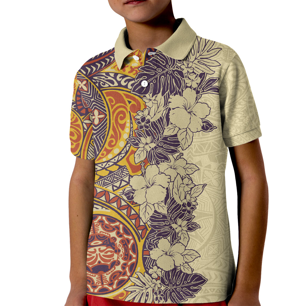 Polynesia Kid Polo Shirt Hibiscus and Hawaiian Tribal Tattoo Retro Style Tan Color LT9 Kid Tan - Polynesian Pride