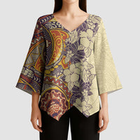 Polynesia Kimono Sleeve Blouse Hibiscus Hawaiian Tribal Tattoo Retro Tan - Polynesian Pride