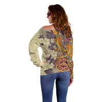Polynesia Off Shoulder Sweater Hibiscus and Hawaiian Tribal Tattoo Retro Style Tan Color LT9 - Polynesian Pride