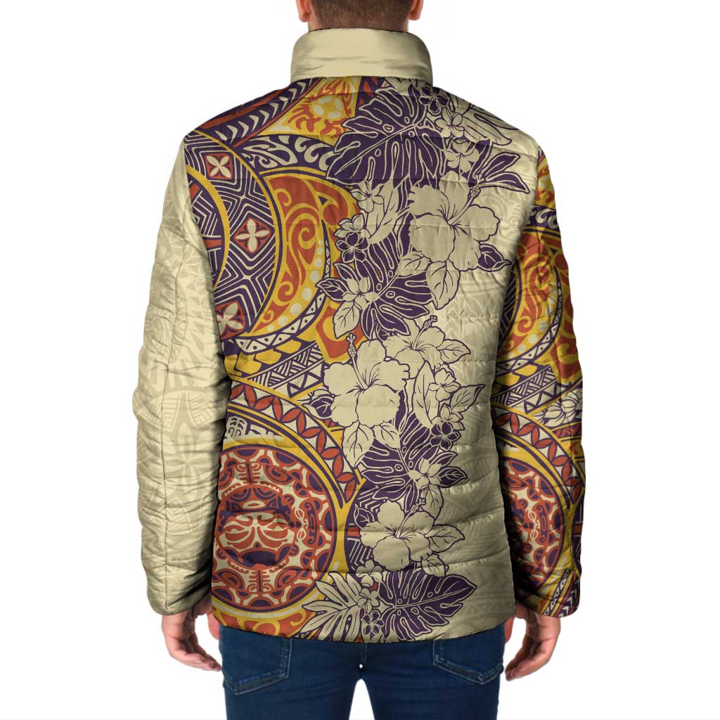 Polynesia Padded Jacket Hibiscus Hawaiian Tribal Tattoo Retro Tan - Polynesian Pride