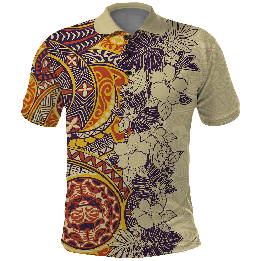 Polynesia Polo Shirt Hibiscus and Hawaiian Tribal Tattoo Retro Style Tan Color LT9 Tan - Polynesian Pride