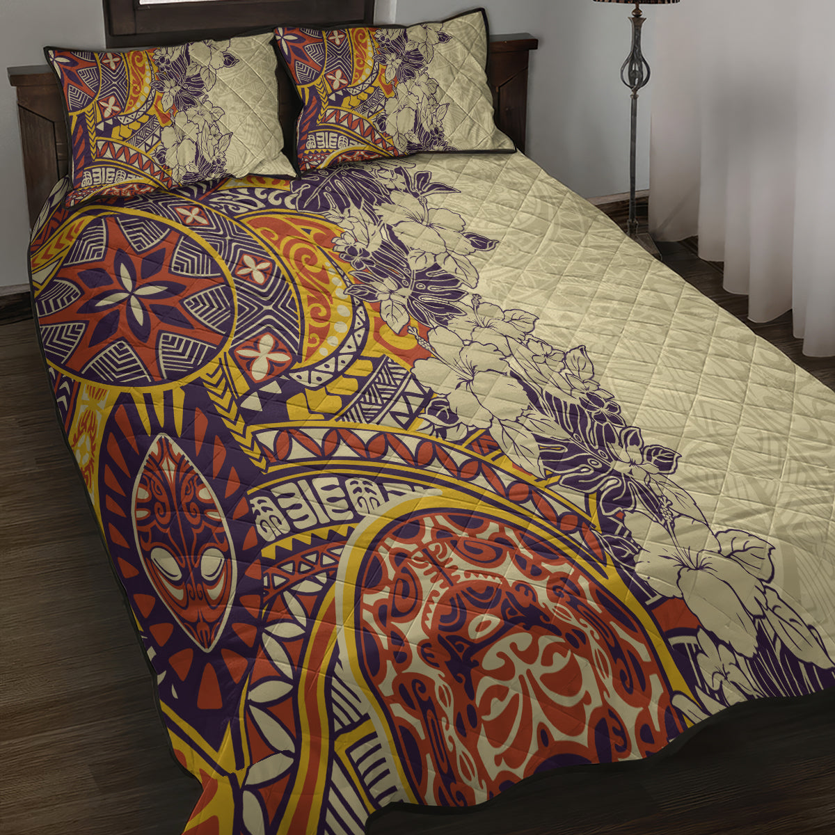 Polynesia Quilt Bed Set Hibiscus and Hawaiian Tribal Tattoo Retro Style Tan Color LT9 - Polynesian Pride