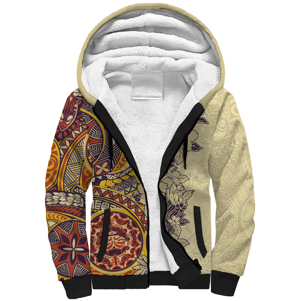 Polynesia Sherpa Hoodie Hibiscus and Hawaiian Tribal Tattoo Retro Style Tan Color LT9 Unisex Tan - Polynesian Pride