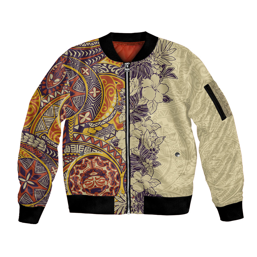 Polynesia Sleeve Zip Bomber Jacket Hibiscus and Hawaiian Tribal Tattoo Retro Style Tan Color LT9 Unisex Tan - Polynesian Pride