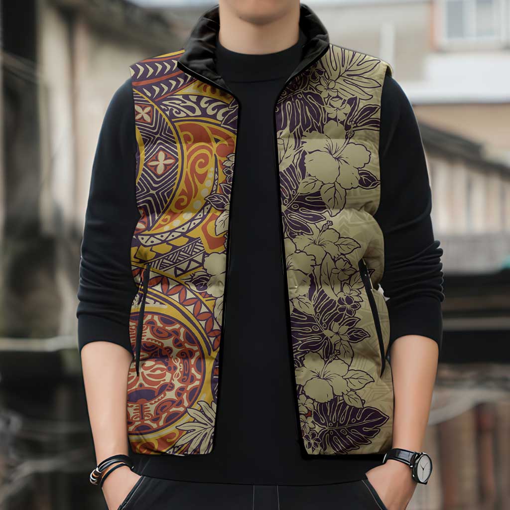 Polynesia Sleeveless Puffer Jacket Hibiscus Hawaiian Tribal Tattoo Retro Tan LT9 - Polynesian Pride