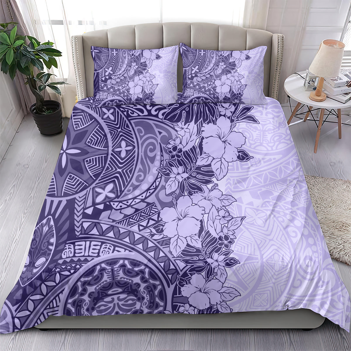 Polynesia Bedding Set Hibiscus and Hawaiian Tribal Tattoo Retro Style Violet Color LT9 - Polynesian Pride