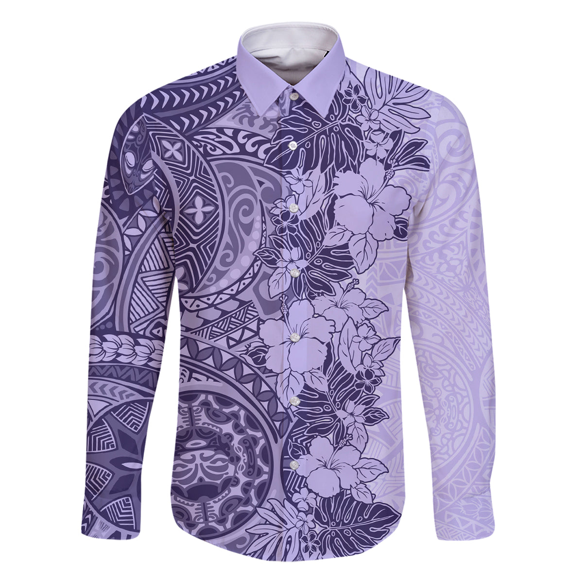 Polynesia Family Matching Off Shoulder Maxi Dress and Hawaiian Shirt Hibiscus and Hawaiian Tribal Tattoo Retro Style Violet Color LT9 Dad's Shirt - Long Sleeve Violet - Polynesian Pride