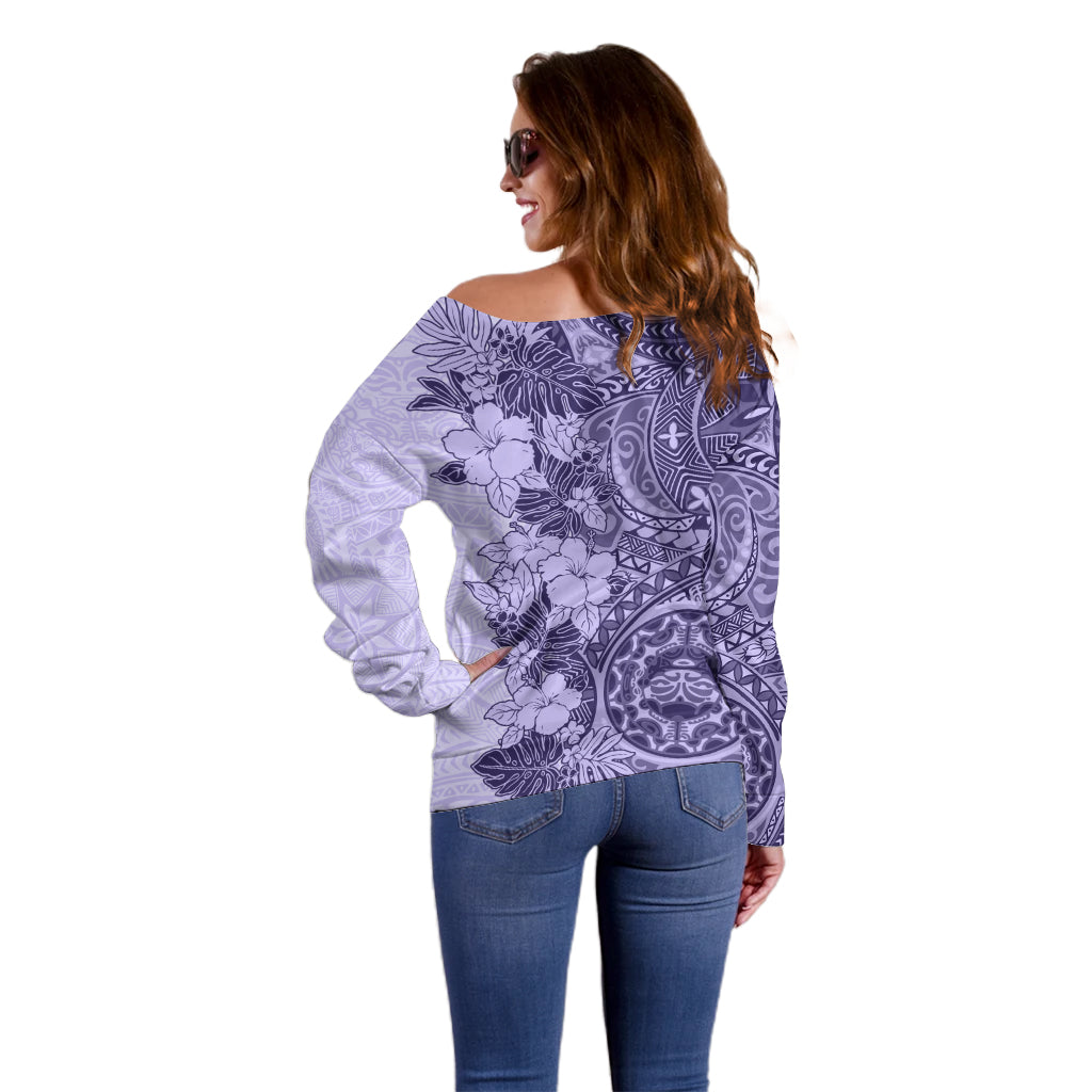 Polynesia Off Shoulder Sweater Hibiscus and Hawaiian Tribal Tattoo Retro Style Violet Color LT9 - Polynesian Pride